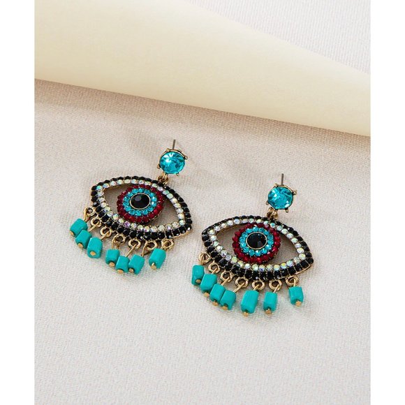 Turquoise Beaded Eye Earrings DANGLE BOHO RHINESTONE PRETTY PARTY FANCY - Picture 2 of 3